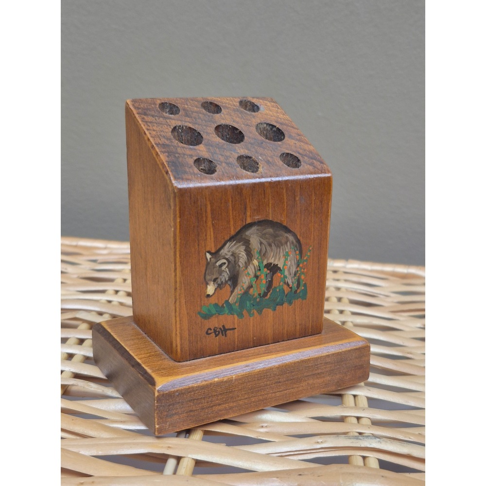 Vtg Hand Painted Wood Bear Pencil Holder Sharpener Dojon Japan Desk Organizer